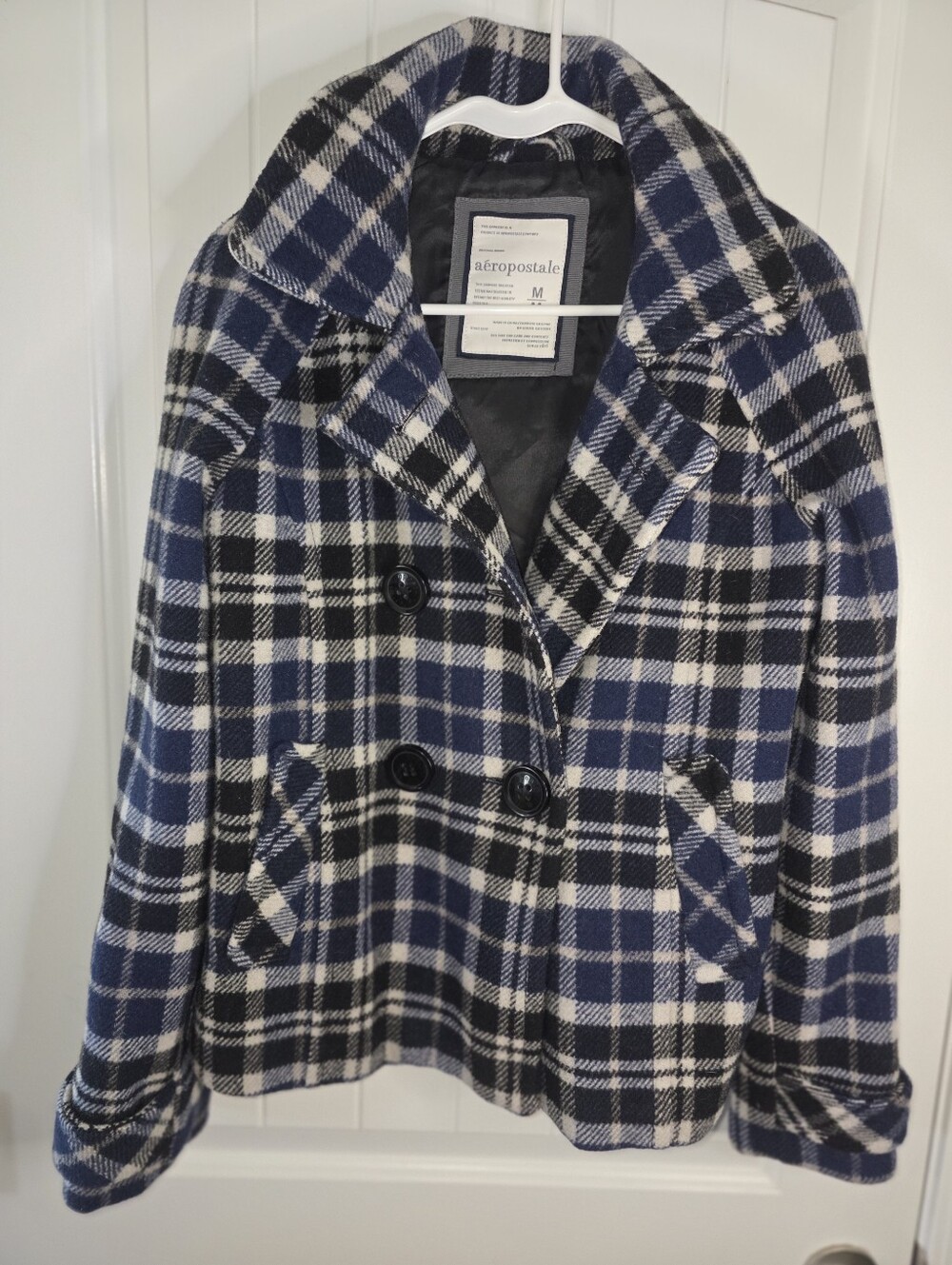Aeropostale Women's Blue Plaid Double-Breasted Peacoat Wool Blend NWOT Medium